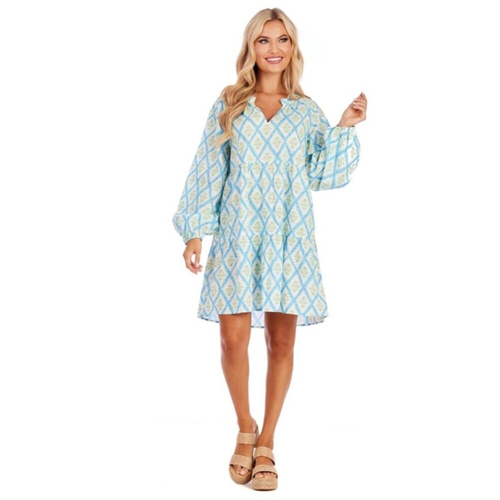 New Mudpie Blue Floral Block Print Vicky Tunic Dress Size Small Cotton